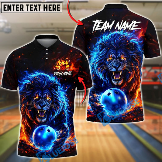 BlueJose Bowling & Pins Fire Lion Power Art Customized Name, Team Name 3D Shirt (6 Colors)