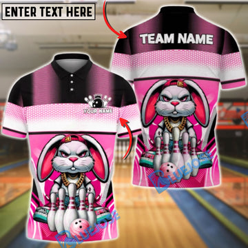 BlueJose Bowling & Pins Bunny Gangster Style Cartoon Graphic Customized Name, Team Name 3D Shirt (4 Colors)