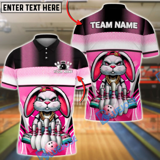 BlueJose Bowling & Pins Bunny Gangster Style Cartoon Graphic Customized Name, Team Name 3D Shirt (4 Colors)