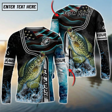 Bluejose Crappie Jumping Fish American Flag Wave Splash Custom Name & Team Name 3D Shirts