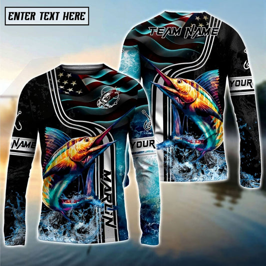 Bluejose Marlin Jumping Fish American Flag Wave Splash Custom Name & Team Name 3D Shirts