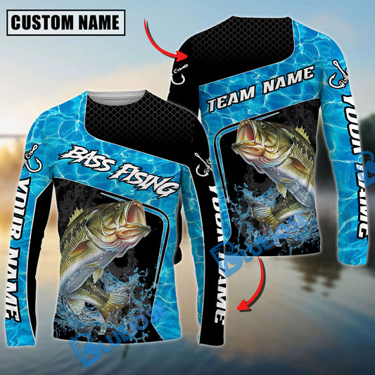 Bluejose Bass Fishing Jumping Water Splash Art Custom Name & Team Name 3D Shirts