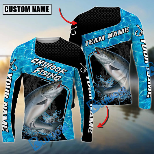 Bluejose Chinook Salmon Fishing Jumping Water Splash Art Custom Name & Team Name 3D Shirts