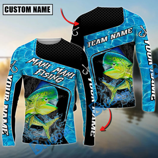 Bluejose Mahi-Mahi Fishing Jumping Water Splash Art Custom Name & Team Name 3D Shirts