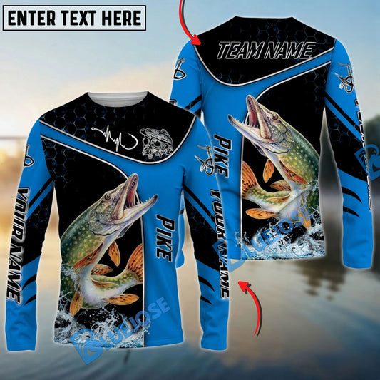 Bluejose Pike Fishing Blue Dynamic Water Splash Custom Name & Team Name 3D Shirts