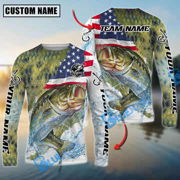 Bluejose Bass Fishing Skin Patriotic Water Splash Custom Name & Team Name 3D Shirts