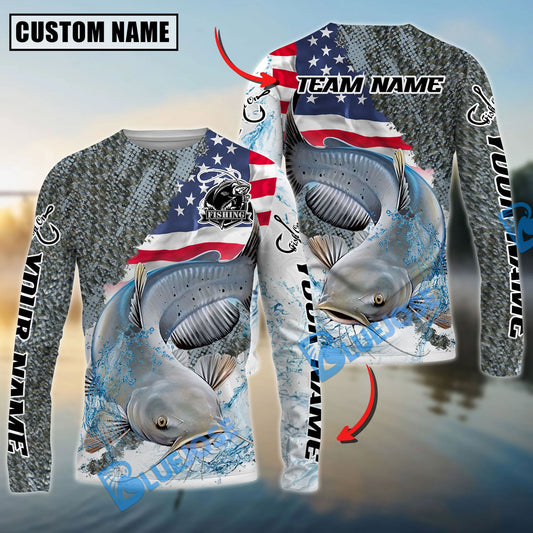 Bluejose Catfish Fishing Skin Patriotic Water Splash Custom Name & Team Name 3D Shirts