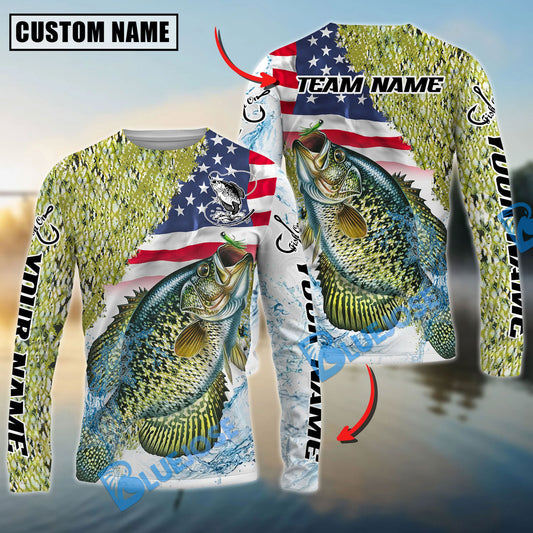 Bluejose Crappie Fishing Skin Patriotic Water Splash Custom Name & Team Name 3D Shirts