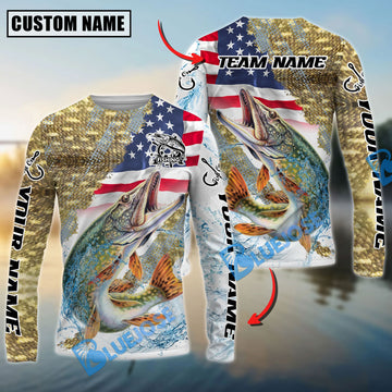 Bluejose Pike Fishing Skin Patriotic Water Splash Custom Name & Team Name 3D Shirts