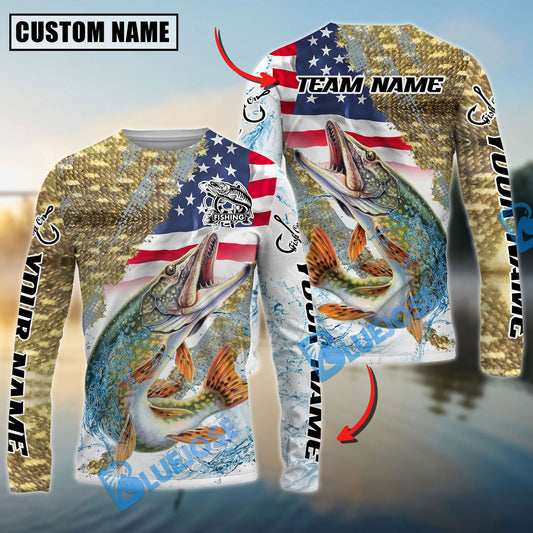 Bluejose Pike Fishing Skin Patriotic Water Splash Custom Name & Team Name 3D Shirts