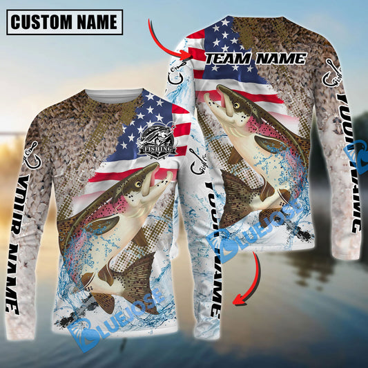 Bluejose Salmon Fishing Skin Patriotic Water Splash Custom Name & Team Name 3D Shirts