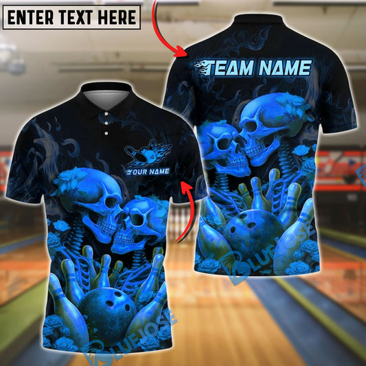 BlueJose Bowling & Pins Skull Rose Dark Gothic Couple Customized Name, Team Name 3D Shirt (4 Colors)