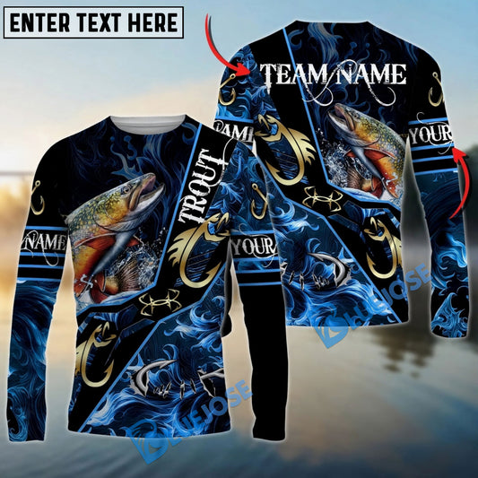 Bluejose Trout Fishing Realistic Jumping Blue Water Flame Golden Hooks Custom Name & Team Name 3D Shirts