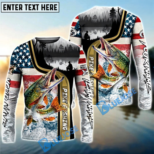 Bluejose Pike Fishing Giant Fish Water Splash American Flag Landscape Custom Name & Team Name 3D Shirts