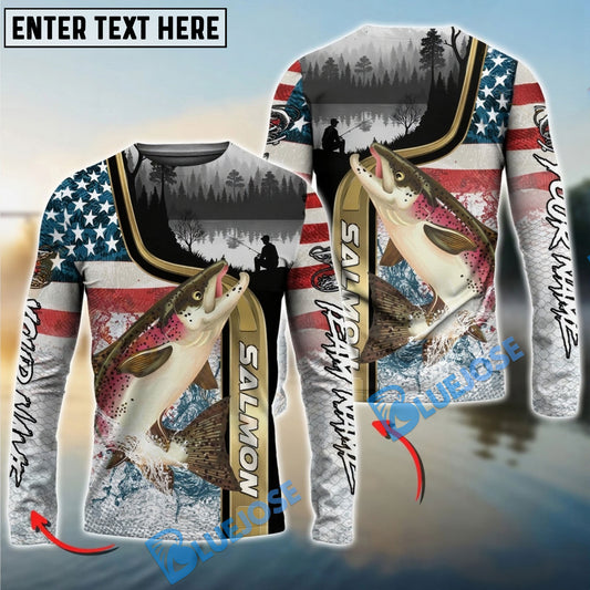 Bluejose Salmon Fishing Giant Fish Water Splash American Flag Landscape Custom Name & Team Name 3D Shirts