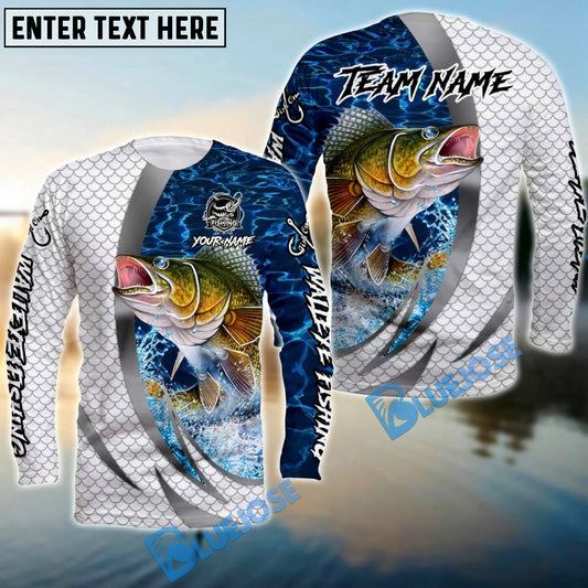 Bluejose Walleye Silver Scale Pattern Realistic Jumping Fish Water Splash Custom Name & Team Name 3D Shirts