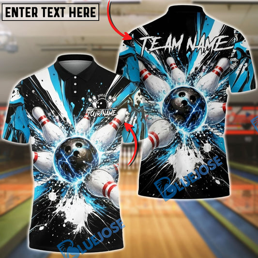 BlueJose Bowling & Pins Electric Strike Explosion Customized Name, Team Name 3D Shirt (4 Colors)