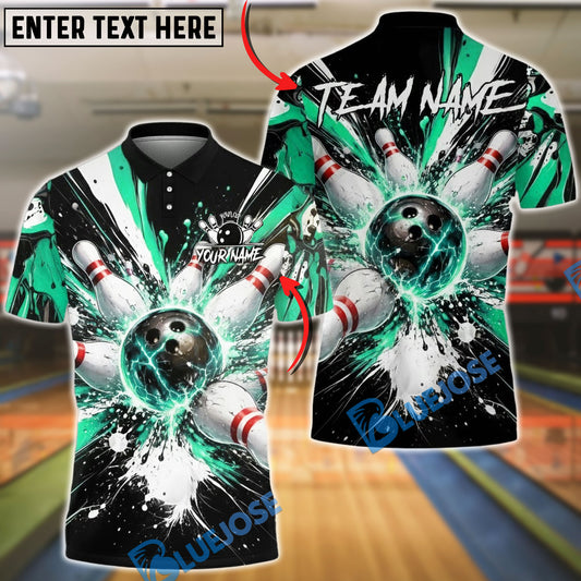BlueJose Bowling & Pins Electric Strike Explosion Customized Name, Team Name 3D Shirt (4 Colors)