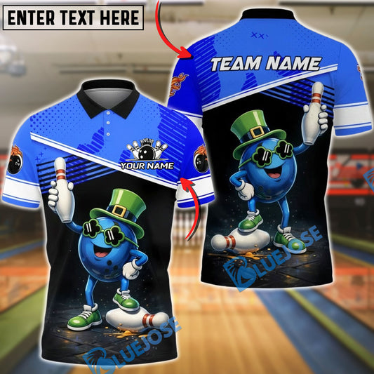 BlueJose Bowling & Pins Cartoon Irish Ball Lucky Character Customized Name, Team Name 3D Shirt (4 Colors)
