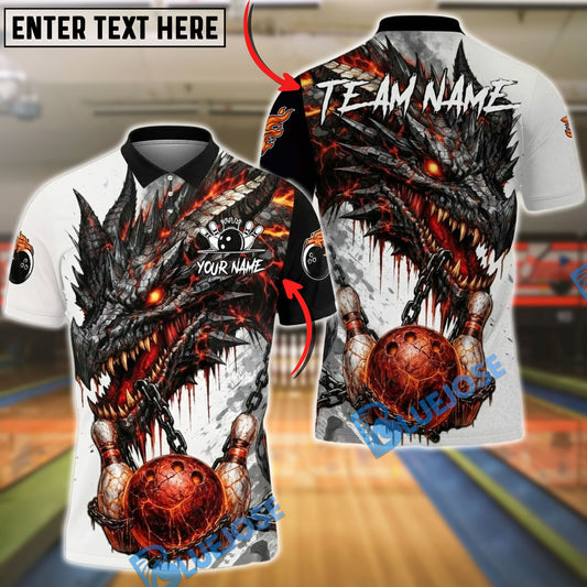 BlueJose Bowling & Pins Fire Dragon Chained Customized Name, Team Name 3D Shirt (4 Colors)