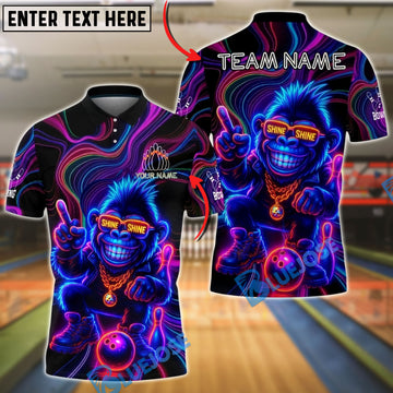 BlueJose Bowling And Pins Neon Monkey Shine Glow Customized Name, Team Name 3D Shirt (4 Colors)