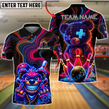 BlueJose Bowling And Pins Crazy Neon Bear Strike Customized Name, Team Name 3D Shirt (4 Colors)