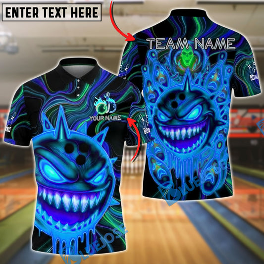 BlueJose Bowling And Pins Evil Neon Monster Customized Name, Team Name 3D Shirt (4 Colors)