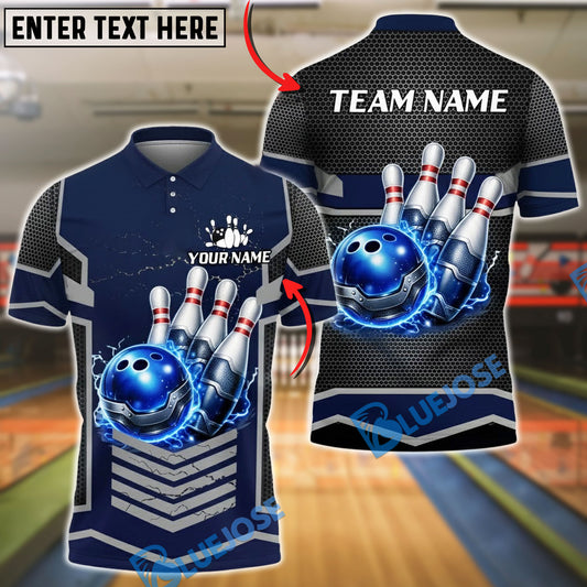 BlueJose Bowling & Pins Futuristic Bowling Ball Energy Pin Impact Design Customized Name, Team Name 3D Shirt (4 Colors)