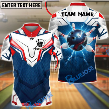 BlueJose Bowling & Pins Electric Bowling Ball Lightning Strike Design Customized Name, Team Name 3D Shirt (4 Colors)