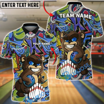 BlueJose Bowling Bear Cartoon Graffiti Style Customized Name, Team Name 3D Shirt (4 Colors)