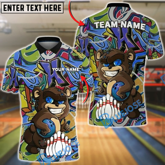 BlueJose Bowling Bear Cartoon Graffiti Style Customized Name, Team Name 3D Shirt (4 Colors)