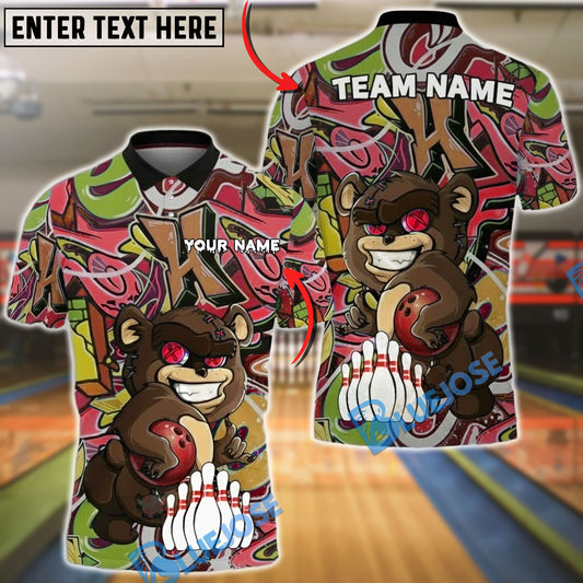 BlueJose Bowling Bear Cartoon Graffiti Style Customized Name, Team Name 3D Shirt (4 Colors)