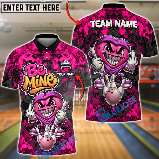 BlueJose Bowling & Pins Be Mine Love Graffiti Heart Character Customized Name, Team Name 3D Shirt (4 Colors)