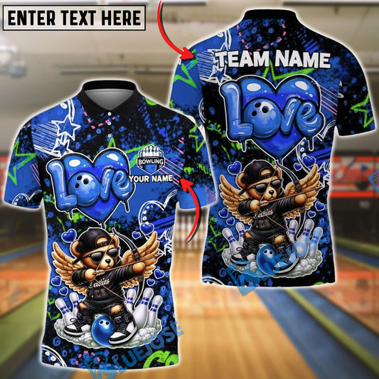 BlueJose Bowling & Pins Cupid Bear Winged Character Customized Name, Team Name 3D Shirt (4 Colors)