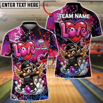 BlueJose Bowling & Pins Cupid Bear Winged Character Customized Name, Team Name 3D Shirt (4 Colors)