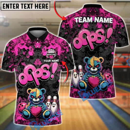 BlueJose Bowling & Pins Oops Teddy Bear Cartoon Customized Name, Team Name 3D Shirt (4 Colors)