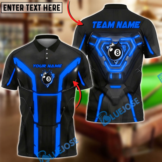 BlueJose Billiards 8-Ball Cyber Armor Neon Panels Personalized Name, Team Name Unisex Shirt (6 Colors)