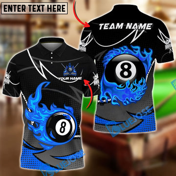 BlueJose Billiards 8-Ball Flaming Fire Dot Personalized Name, Team Name Unisex Shirt (4 Colors)
