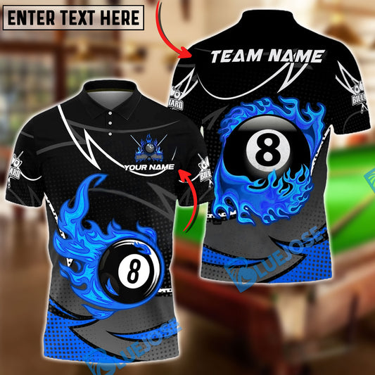BlueJose Billiards 8-Ball Flaming Fire Dot Personalized Name, Team Name Unisex Shirt (4 Colors)