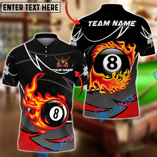 BlueJose Billiards 8-Ball Flaming Fire Dot Personalized Name, Team Name Unisex Shirt (4 Colors)