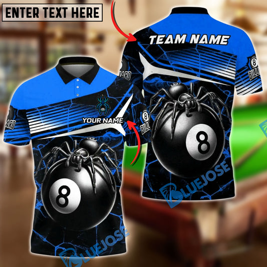 BlueJose Billiards 8-Ball Black Spider Web Personalized Name, Team Name Unisex Shirt (4 Colors)
