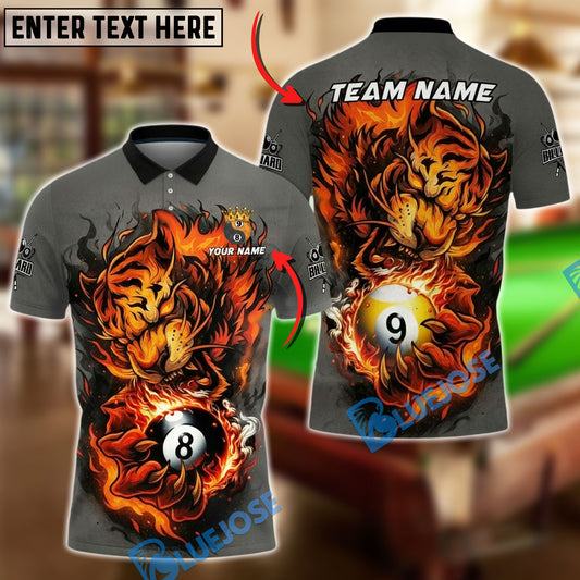 BlueJose Billiards Ball 8&9 Fierce Fire Tiger Personalized Name, Team Name Unisex Shirt (4 Colors)