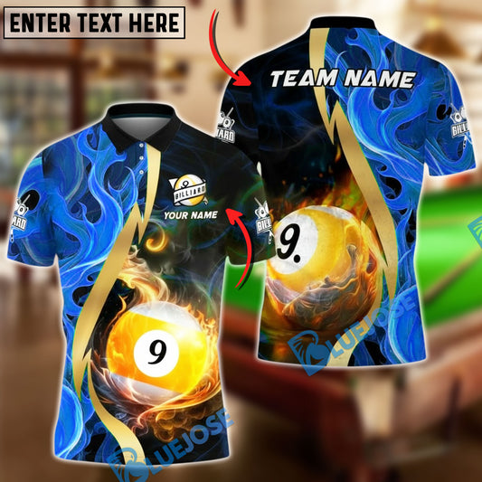 BlueJose Billiards Ball 9 Fiery Golden Flame Personalized Name, Team Name Unisex Shirt (4 Colors)
