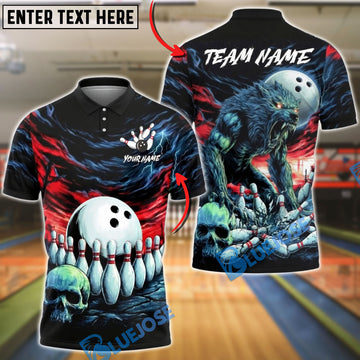 BlueJose Bowling & Pins Dark Wolf Storm Artwork Customized Name, Team Name 3D Shirt (4 Colors)