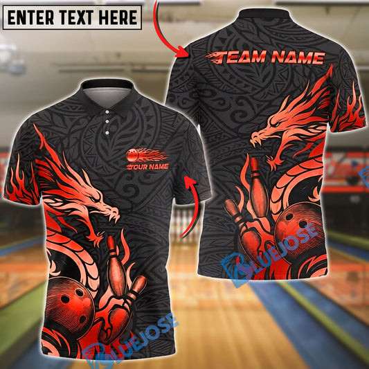 BlueJose Bowling & Pins Dragon Strike Golden Tribal Customized Name, Team Name 3D Shirt (6 Colors)