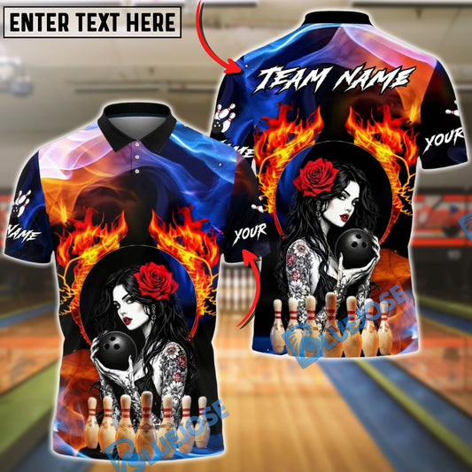 BlueJose Bowling & Pins Sexy Gothic Woman Flame Rose Customized Name, Team Name 3D Shirt (4 Colors)