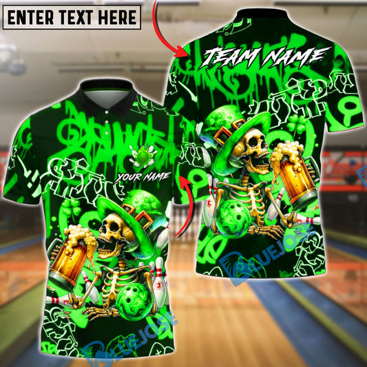 BlueJose Bowling & Pins Irish St Patrick Day Skeleton Beer Party Customized Name, Team Name 3D Shirt (4 Colors)