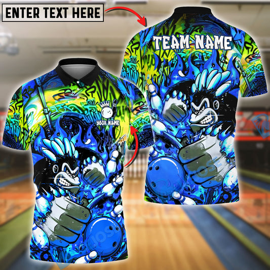 BlueJose Bowling & Pins Graffiti Flame Monkey Mascot Customized Name, Team Name 3D Shirt (4 Colors)