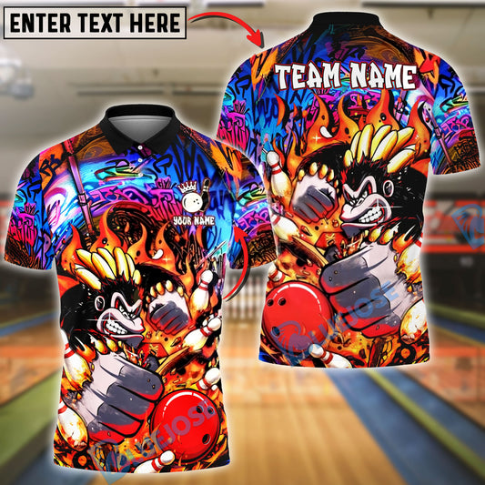 BlueJose Bowling & Pins Graffiti Flame Monkey Mascot Customized Name, Team Name 3D Shirt (4 Colors)
