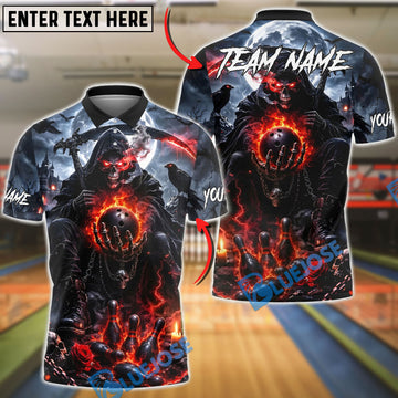 BlueJose Bowling Moonnight Grim Reaper Flaming Ball and Pins Customized Name, Team Name 3D Shirt (4 Colors)